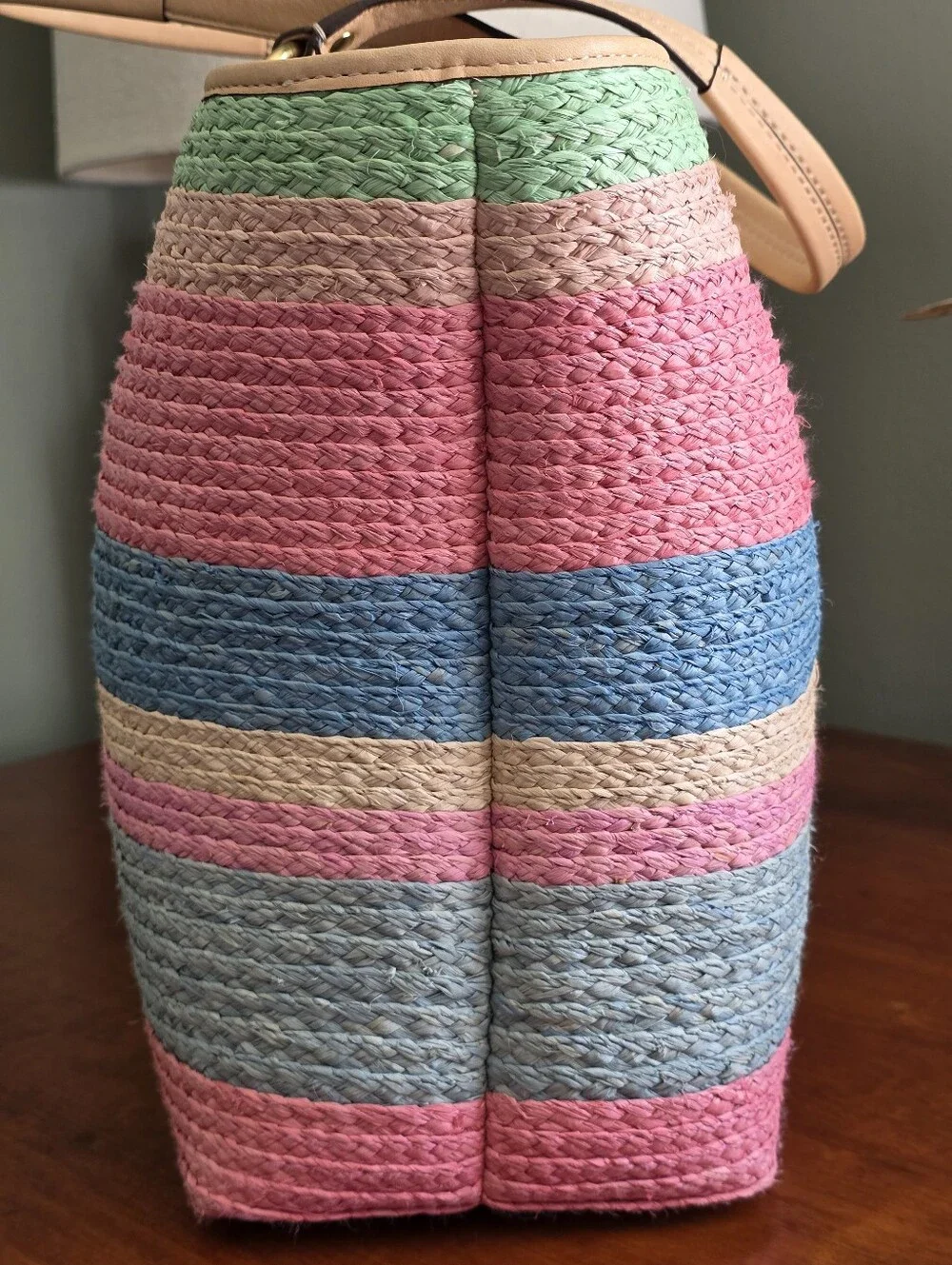 Coach 19361 Hamptons Multicolor Striped Straw Tote Bag Pink Blue Tan Leather Y2K